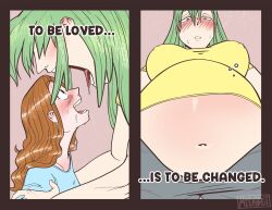 2girls belly belly_bulge big_breasts blush breasts drool drooling exposed_belly giantess green_hair height_difference larger_female larger_pred light-skinned_female light_skin long_hair meekbot mini_giantess multiple_girls open_mouth oral_vore original original_character posssive post_vore pre_vore size_difference smaller_female smaller_prey soft_vore unwilling_prey vore vore_belly willing_pred