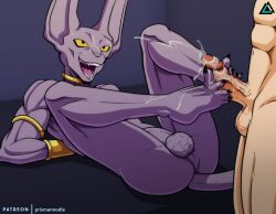 anthro balls beerus bodily_fluids boner claws cum cum_on_face cum_on_feet cum_on_penis cumshot domestic_cat dragon_ball dragon_ball_super duo ejaculation erection feet felid feline felis foot_fetish foot_focus foot_play footjob genital_fluids genitals hairless hairless_cat hi_res human interspecies male male/male male_only mammal nude open_mouth penis prismanoodle_(artist) sex simple_background smile sphynx_(cat) toes yaoi