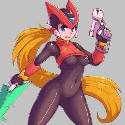 1girls bliss_zero blonde_hair blue_eyes bodysuit breasts female gun helmet kittenboogers mega_man mega_man_zero ponytail pussy rule_63 solo sword tagme thighs very_long_hair zero_(mega_man)