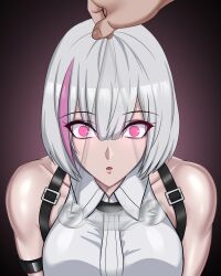 alternate_breast_size alternate_costume alternate_hairstyle bob_cut hypnosis imminent_rape large_breasts liv_(punishing:_gray_raven) mind_control pink_eyes pink_hair punishing:_gray_raven rikka short_hair sleeveless sleeveless_shirt straps two_tone_hair white_hair