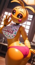 ahoge ai_generated aim_patreon antenna_hair ass breasts clothes_writing colored_skin english_text female five_nights_at_freddy's five_nights_at_freddy's_2 heart huge_ahoge indoors looking_at_viewer patreon_username pink_panties short_hair smile solo standing thighs toy_chica_(fnaf) toy_chica_(love_taste) window