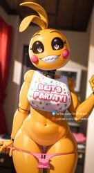 ahoge ai_generated aim_patreon blurry blurry_background blurry_foreground breasts clothes_writing dark_skin depth_of_field english_text female five_nights_at_freddy's five_nights_at_freddy's_2 looking_at_viewer motion_blur navel panties panty_pull pink_panties smile solo standing thick_eyebrows thick_thighs thighs toy_chica_(fnaf) toy_chica_(love_taste) underwear wide_hips