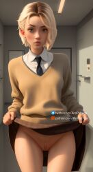 1girls ai_generated aim_patreon blonde_hair blue_eyes clothes_lift cowboy_shot gwen_stacy lifted_by_self lips long_sleeves looking_at_viewer marvel necktie no_panties nose pussy short_hair skirt skirt_lift solo spider-man:_across_the_spider-verse spider-man:_into_the_spider-verse sweater uncensored web_address