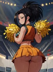 1girls ai_generated ass ass_focus big_ass big_breasts black_eyes black_hair boku_no_hero_academia cheerleader cheerleader_uniform from_behind hi_res large_ass large_breasts looking_back mabi_ai momo_yaoyorozu my_hero_academia panchira pom_poms ponytail thick_thighs thigh_gap u.a._cheerleader_outfit upskirt wide_hips yaoyorozu_momo