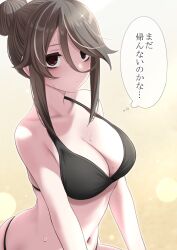 beach big_breasts bikini cleavage ikari_manatsu kurai_anoko_to_shitai_koto mole_on_breast sasaki_touko silver_hair sweat translated