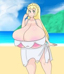 barely_clothed big_breasts breasts_bigger_than_head clothed female female_only hyper_breasts lillie_(pokemon) nintendo no_bra pokemon touhoufan