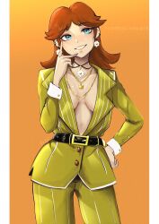 alternate_costume breasts business_suit earrings female female_only jewelry mario_(series) nintendo princess_daisy sideboob solo tagme vialnite