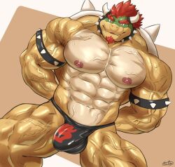 2023 abs anthro armband bara beard biceps big_bulge big_muscles border bowser brown_background bulge clothed clothing collar deltoids dutch_angle eyebrows facial_hair flexing front_view hair hands_behind_back hi_res horn huge_muscles koopa logo looking_at_viewer male male_only mario_(series) masculine_male muscles muscular muscular_anthro muscular_male navel nintendo nipples non-mammal_nipples obliques pecs quads scalie serratus shell signature simple_background sitting smile solo spiked_armband spiked_collar spiked_shell spikes spikes_(anatomy) thick_thighs thong thong_only topless topless_anthro topless_male underwear underwear_only vein veiny_muscles white_border yaoi zenon0917