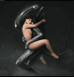 alien carrying_partner closed_eyes female_human hugging human male_alien male_xenomorph naramsinha nude_female nude_male xenomorph