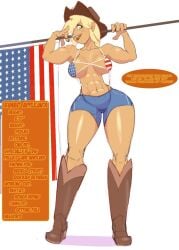 1girls abs american_flag american_flag_bikini annon applejack_(eg) applejack_(mlp) athletic athletic_female bimbo bimbo_lips blonde_hair blue_eyes boots bra breasts cowboy_boots cowboy_hat cowgirl english_text equestria_girls female female_only flag_bikini flag_print friendship_is_magic high_heels horny_female huge_ass huge_breasts jean_shorts khreis looking_at_viewer midriff muscular_female my_little_pony navel outside revealing_clothes short_hair smile smiling smiling_at_viewer straight_hair tagme text thick_lips thick_thighs tombo tomboy toned toned_female wide_hips