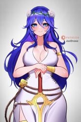 1girls alternate_costume arm_bracelets bangs blue_eyes blue_hair breasts cleavage falchion_(fire_emblem) fancy_clothing female female_only fire_emblem fire_emblem_awakening fire_emblem_heroes flower golden_bracelet hair_flower head_wreath holding_sword jaxartdump jaxdrawz jewelry knight large_breasts long_hair looking_at_viewer lucina_(fire_emblem) lucina_(valentine)_(fire_emblem) nintendo official_alternate_costume paladin robe smile sword symbol-shaped_pupils weapon wide_hips