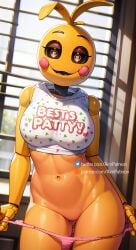 ai_generated aim_patreon antenna_hair breasts clothes_writing cowboy_shot english_text female five_nights_at_freddy's five_nights_at_freddy's_2 large_breasts looking_at_viewer navel open_mouth panties panty_pull pink_panties shiny short_hair smile solo standing thighs toy_chica_(fnaf) toy_chica_(love_taste) underwear