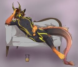 absurd_res animal_genitalia anthro antlers balls big_balls bodily_fluids cheek_tuft claws crossed_legs digitigrade dragon facial_tuft feet fur furniture genital_fluids genitals hair head_in_hand hi_res horn looking_down lounging lying male mane mane_hair multicolored_body nude orange_eyes orange_penis peeing peeing_into_container penis sheath simple_background smile snagletooth sofa solo tail tail_tuft teeth tuft urinating urinating_male urination urine urine_in_cup veryloudopossum watersports whiskers yellow_urine