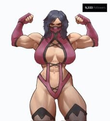 abs big_breasts big_thighs black_hair breasts commission edenian encariah1 female follower_celebration mask masked masked_female mileena mileena_(mk9) milestone_celebration mortal_kombat mortal_kombat_(2011) muscles muscular muscular_female purple_clothing short_hair solo solo_female tarkatan thighhighs thighs yellow_eyes