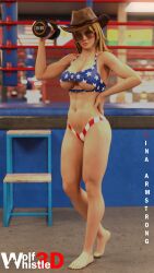 1girls 3d 3d_(artwork) abs american_flag american_flag_bikini athletic_female aviator_sunglasses barefoot bikini blonde_hair boxing_ring brown-tinted_eyewear cowboy_hat dead_or_alive dumbbell female female_focus female_only flag_print gym hat looking_at_viewer only_female solo solo_female solo_focus sunglasses tina_armstrong tinted_eyewear tomboy toned toned_female underboob wolfwhistle3d