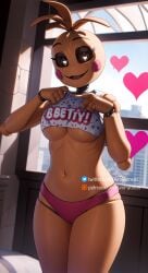 ai_generated aim_patreon antenna_hair bangle bracelet breasts choker clothes_writing english_text female five_nights_at_freddy's five_nights_at_freddy's_2 heart jewelry looking_at_viewer navel smile solo spiked_bracelet toy_chica_(fnaf) toy_chica_(love_taste) underboob underwear watch wristband wristwatch