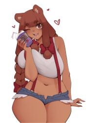 1girls anthro bear bear_ears beau_(luxurias) big_breasts braid brown_body brown_eyes brown_hair eyebrows_visible_through_hair female female_only grimace_shake hair_ribbon heart hi_res light_blush long_hair looking_at_viewer luxurias mcdonald's meme minishorts one_eye_closed original short_shorts shorts smiling smiling_at_viewer solo suspenders tank_top thick_eyebrows thick_thighs twintails ursid ursine white_background wide_hips wink winking_at_viewer