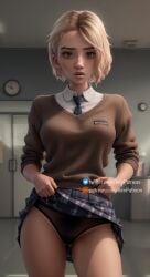 1girls ai_generated aim_patreon blonde_hair brown_legwear clock clothes_lift collared_shirt gwen_stacy lifted_by_self looking_at_viewer marvel necktie pantyhose plaid plaid_skirt pleated_skirt school_uniform short_hair skirt skirt_lift solo spider-man:_across_the_spider-verse spider-man:_into_the_spider-verse swimsuit swimsuit_under_clothes