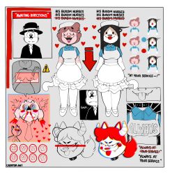 accessory ambiguous_gender amy_(creator_ant) anthro apron arrow_sign blood bodily_fluids breasts clothed clothing costume creator_ant domestic_cat felid feline felis female group hair heart hi_res horn long_hair male mammal nipples nosebleed short_hair simple_background suit text tongue tongue_out x-ray_vision