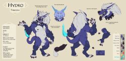 absurd_res anthro black_penis blue_body blue_fur canid canid_demon canine collar demon english_text fur genitals hair hellhound hi_res hydroplane jawsandcorp long_ears long_hair male mammal nude penis red_eyes slightly_chubby solo spiked_collar spikes tail_flame text tibicena tusks yellow_sclera