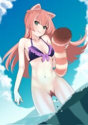 1girls angel_sword_studios beach bikini bikini_top green_eyes half-dressed light-skinned_female looking_at_viewer mole pubic_hair red_hair red_panda red_panda_ears red_panda_tail sakieda_yoyu smile smiling solo virtual_youtuber vtuber water yuria_of_ailurus