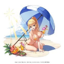 1girls absurdres bare_shoulders barefoot beach beach_umbrella big_breasts bikini blonde_hair blue_eyes blush breast_hold breasts busty cantaloupe cleavage cloud collarbone crazy_straw cup darkness_(konosuba) drinking_glass drinking_straw flower food fruit grapes hair_between_eyes hair_ornament heart_straw highres horizon kono_subarashii_sekai_ni_shukufuku_wo! large_breasts leaf light_rays long_hair looking_at_viewer messy navel ocean official_art open_mouth orange_(fruit) orange_bikini petals phantom_of_the_kill ponytail side-tie_bikini_bottom sidelocks sitting sky smile solo string_bikini sun sunbeam sunlight swimsuit tareme umbrella water watermark wine_glass x_hair_ornament yokozuwari