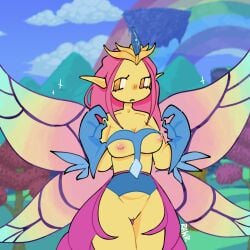 clothed clothing crown empress_of_light exposed_breasts exposed_pussy fairy fairy_wings pink_hair pink_nipples rawriscruel terraria yellow_eyes