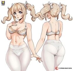 1girls ai_generated ass_visible_through_thighs back back_view barbara_(genshin_impact) belly belly_button bewitching_thighs big_ass big_butt blonde_hair blue_eyes bra breasts child_bearing_hips confused_look exposed_shoulders front_view genshin_impact hips hourglass_figure kyoffie medium_length_hair no_shirt nun one_arm_around_breasts pale-skinned_female pale_skin panties panties_visible_through_clothing see-through_clothing shaved_crotch shaved_pussy small_breasts thighs thighs_together tights twintails underwear voluptuous voluptuous_female white_bra white_panties white_skin white_tights wide_hips