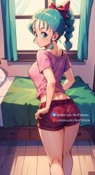 ai_generated aim_patreon aqua_hair ass bed bedroom bow braid breasts bulma_(dragon_ball) bulma_briefs curtains dragon_ball dragon_ball_super dragon_ball_z earrings female from_behind hairbow indoors looking_at_viewer looking_back medium_breasts pink_shirt ponytail red_bow red_shorts shirt short_shorts shorts solo standing t-shirt window