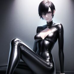 1girls ai_generated black_hair cleavage_cutout collar female femsub human lanky latex long_legs nemus_waifu_generator pixie_cut pooplool short_hair sleekette solo tagme thin_legs tight_clothing tomboy