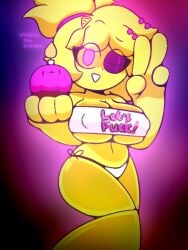 1girls cally3d chica_(cally3d) chica_(fnaf) chiku chiku_(cryptia) clazzey cryptiacurves cupcake fazclaire's_nightclub female_focus female_only five_nights_at_freddy's fnaf fredina's_nightclub nipple_bulge peace_sign pink_eyes robot robot_girl scottgames v_sign winking_at_viewer yellolight yellow_body yellow_hair