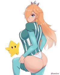 1girls ass blonde_hair blue_eyes blue_shirt blue_shorts breasts crown daymandraws earrings getting_dressed hair_over_one_eye large_breasts long_hair looking_at_viewer looking_back luma mario_(series) mario_strikers nintendo panties pantyhose pantyhose_under_shorts pawg princess_rosalina shirt short_shorts shorts soccer_uniform star_earrings striped_shirt white_panties