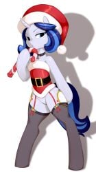 absurd_res blue_hair candy candy_cane christmas christmas_clothing christmas_headwear clothing cutie_mark dessert equid equine female food friendship_is_magic garter_straps genitals hair hasbro hat headgear headwear hi_res holidays horn legwear mammal mirror_image_(oc) my_little_pony pussy santa_hat semi-anthro shadow solo tentacless thigh_highs unicorn