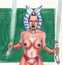 1girls ahsoka_tano alien alien_girl alien_humanoid areolae background bondage_outfit collar crayon_(artwork) dark_nipples female female_only functionally_nude garter_belt garter_straps green_background hairy_pussy headband headgear holding_object holding_sword holding_weapon humanoid large_nipples lightsaber lips lipstick markings melee_weapon mostly_nude nipples nude nude_female nudity open_mouth orange_body partially_clothed pubic_hair simple_background slave slave_collar slavegirl solo spread_arms standing star_wars star_wars_rebels stomach_markings sword togruta traditional_media_(artwork) undercover upper_body violet_lipstick violet_nipples weapon white_markings