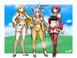 3girls black_crop_top blonde_hair breasts cat_ears catgirl clouds core_crystal crop_top detached_sleeves facial_markings flip_flops full_body grass grey_hair hand_on_hip high_heel_sandals high_heels highleg highleg_panties jzaiah992811 large_breasts long_hair looking_at_viewer medium_breasts midriff mythra navel nia nia_(blade) nia_(xenoblade) nintendo open_toe_shoes outside panties pants pyra red_eyes red_hair red_panties red_shorts sandals sassy short_hair short_shorts shorts skirt sky sneakers thigh_strap thighhighs thong tiara twintails white_crop_top white_panties white_skirt xenoblade_(series) xenoblade_chronicles_2 yellow_crop_top yellow_eyes yellow_pants