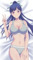 1girls big_breasts blue_hair brown_hair busty cleavage female female_only hi_res large_breasts legs long_hair looking_at_viewer lying megami_no_kafeterasu navel panties ponytail smile solo sports_bra thighs tsuruga_ami v