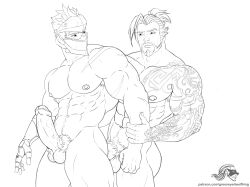 abs big_breasts brothers erect_penis erection from_behind genji greeneyedwolfking hanzo hanzo_shimada incest male_only overwatch overwatch_2 overwtach robotic_arm tattoo tattooed_arm tattoos yaoi