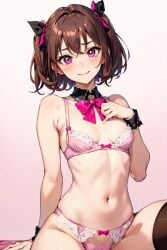 ai_generated androgynous black_and_pink_hairbow brown_eyes daniela daniela_(ai) femboy light_brown_hair pink_bow pink_bra pink_eyes pink_panties small_breasts smile trap