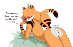 asking_viewer bawdy bent_over_bed dou_(diives) furry nude presenting_hindquarters text tiger_girl xingzuo_temple