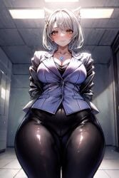 ai_generated animal_ears arms_behind_back aroused blazer blush braid buisness_suit buttons chest_jewel cleavage closed_mouth core_crystal curvy from_below grey_hair indoors looking_at_viewer mio_(xenoblade) monolith_soft narrow_waist nintendo office office_lady pants shiny_hair short_hair smile stable_diffusion standing thick_thighs video_games wide_hips xenoblade_(series) xenoblade_chronicles_3 xenomon yellow_eyes