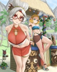 2girls beach big_breasts blonde_hair dismaiden female female_only korok light-skinned_female looking_at_viewer midriff multiple_girls navel nintendo open_toe_shoes princess_zelda purah purah_(tears_of_the_kingdom) tears_of_the_kingdom the_legend_of_zelda wholesome zelda_(tears_of_the_kingdom)