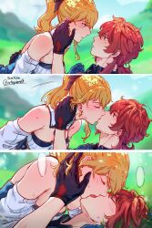 1boy 1girls artsquirrelb bangs blonde_female blonde_hair blue_eyes diluc_(genshin_impact) eye_contact female female_on_top french_kiss genshin_impact gloves hand_on_face jean_gunnhildr kissing looking_at_partner making_out male on_grass outdoors passionate passionate_kiss ponytail red_hair romantic side_view tongue_kiss wholesome