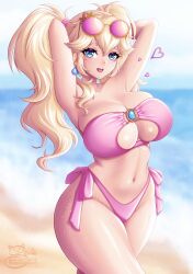 1girls arms_behind_head arms_up beach bikini blonde_hair breasts cleavage female female_only heart hi_res hips huge_breasts light-skinned_female light_skin long_hair looking_at_viewer mario_(series) nintendo outdoors pink_bikini princess_peach sevie side-tie_bikini smile solo standing sunglasses sunglasses_on_head swimsuit thick_thighs thighs tied_hair twintails water wet wide_hips