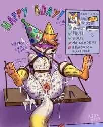 animal_genitalia animal_pussy anthro anus birthday birthday_hat blindfold blush bodily_fluids body_blush body_writing bound canid canine canine_genitalia canine_pussy clitoral_fossa cum cum_drip cum_in_mouth cum_in_pussy cum_inside cum_on_face dripping english_text excessive_cum excessive_genital_fluids female flat_chested fox gag genital_fluids genitals hi_res mammal mr.albafox nipples public public_exposure public_use pussy pussy_blush solo spread_legs spread_pussy spreading tally_marks text