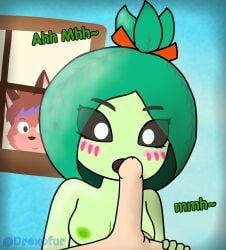 1boy 1girls black_eyes blowjob blush caption drexofur drexofur_falhoun female furry green_skin human humanoid leaf leaffata oc penis plant spying text