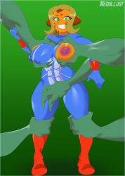 alien alien_girl blonde_hair breast_grab breasts claws clixsposing_kitraandra erect_nipples erect_nipples_under_clothes facial_markings female furry gloves grabbing green_hair green_skin jumpsuit kitraandra multiple_males negullust nipple_bulge nipples nipples_visible_through_clothing off_screen_character orange_fur surprised