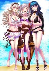 3girls :d alternate_costume anklet bandeau barefoot beach belt bikini bikini_skirt black_bikini black_swimsuit blonde_hair blue_eyes blue_hair boots breasts brown_eyes byleth_(female)_(fire_emblem) byleth_(female)_(summer)_(fire_emblem) byleth_(fire_emblem) byleth_(fire_emblem)_(female) cape clouds coat coat_on_shoulders commentary_request corrin_(female)_(fire_emblem) corrin_(female)_(summer)_(fire_emblem) corrin_(fire_emblem) corrin_(fire_emblem)_(female) edit female female_only femsub fire_emblem fire_emblem:_three_houses fire_emblem_awakening fire_emblem_fates fire_emblem_heroes flower flower_in_hair front-tie_bikini full_body gem girl_sandwich gloves grey_hair hair_between_eyes hair_flower hair_ornament hairband heart heart-shaped_pupils highres hugging hypnosis jewelry large_breasts long_hair looking_at_viewer medium_hair midriff mind_control multiple_girls multiple_subs navel necklace nintendo o-ring_bikini o-ring_swimsuit ocean official_alternate_costume open_mouth orange_eyes outside pink_eyes purple_bandeau purple_bikini purple_eyes purple_swimsuit red_eyes robin_(female)_(summer)_(fire_emblem) robin_(fire_emblem) robin_(fire_emblem)_(female) sand sandals sandwiched sky smile source_larger story_at_source super_smash_bros. swimsuit swimsuit_skirt tassel thigh_strap twintails water whatthehell042 white_bikini white_hair white_swimsuit