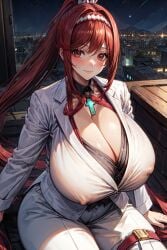 ai_generated alternate_breast_size aroused blazer buisness_suit buttons chest_jewel city cleavage core_crystal covered_nipples curvy detailed_background gigantic_breasts glimmer_(xenoblade) hair_ornament hairband huge_breasts indoors long_hair looking_at_viewer monolith_soft narrow_waist nintendo pants ponytail red_hair shiny_hair sitting smile stable_diffusion thick_thighs very_long_hair video_games wide_hips xenoblade_(series) xenoblade_chronicles_3 xenomon