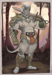 argonian armor big_breasts big_bulge big_nipples big_pecs dragon dragon_horns dragon_tail fingers forest furry furry_male furry_only green human humanoid male male_only marlon.cores muscle muscles muscular muscular_anthro muscular_arms muscular_legs muscular_male muscular_thighs original original_character scales smile smiling sword