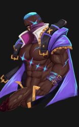 abs arm_scar balls bara big_balls big_muscles big_penis blue_hair cape chest_scar dark-skinned_male dark_skin erection eye_scar hair human league_of_legends ling12110 looking_at_viewer male male_only mask mostly_nude muscular muscular_human nipples pecs penis pyke scar solo soul_fighter_pyke soul_fighter_series